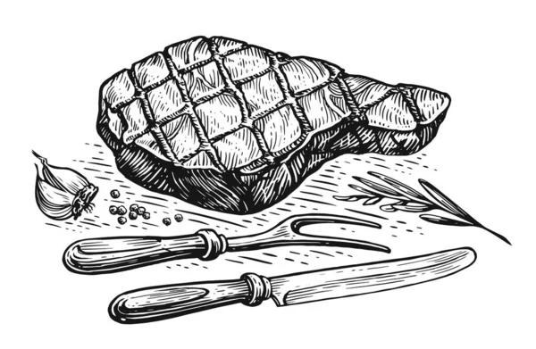 Freshly Grilled Steak Knife Fork Cooking Beef Meat Barbecue Hand — Fotografia de Stock