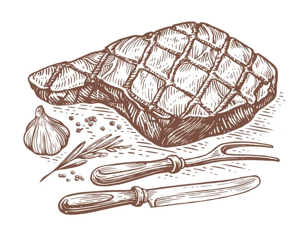 Sketch Hand Drawn Grilled Bull Steak Fork Knife Grilled Food — Stok fotoğraf