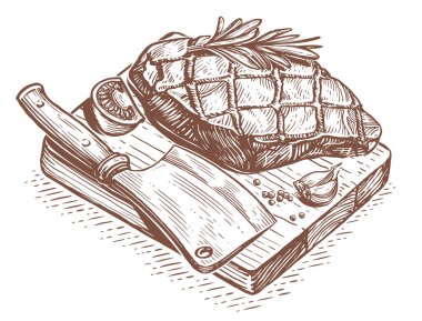 Sketch hand drawn grilled steak on wooden board with cleaver knife and spices. Illustration for restaurant menu