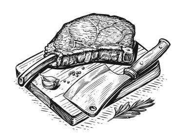 Meat for BBQ. Fresh farm organic food for barbecue or grill. Hand drawn sketch engraved illustration