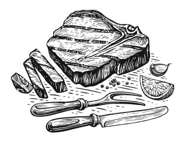 Grilled steak on wooden board with knife and fork. Meat dish preparation. Sketch hand drawn illustration
