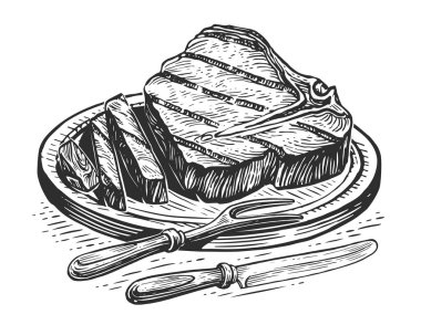 Grilled beef steak on wooden cutting board with fork and knife. Food sketch illustration. Meat dish preparation