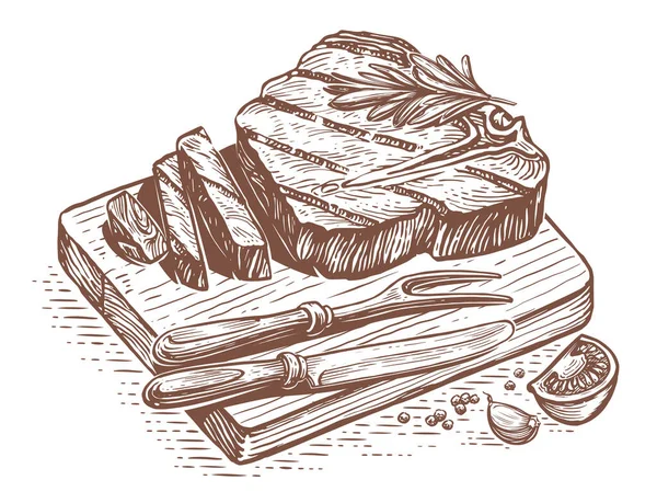 Grilled steak on wooden cutting board with knife and fork. Meat dish preparation. Sketch hand drawn illustration
