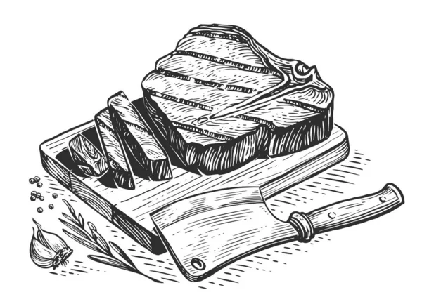 Grilled beef steak on wooden cutting board with knife cleaver. Meat dish preparation. Food sketch illustration