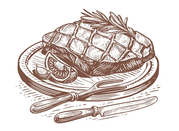 Meat Bbq Hand Drawn Sketch Engraved Illustration Fresh Farm Organic — Stockfoto