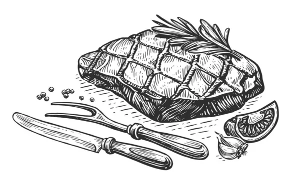 フードミート ローストビーフステーキナイフとフォーク グリル料理 手描きイラストリアルなスケッチ — ストック写真