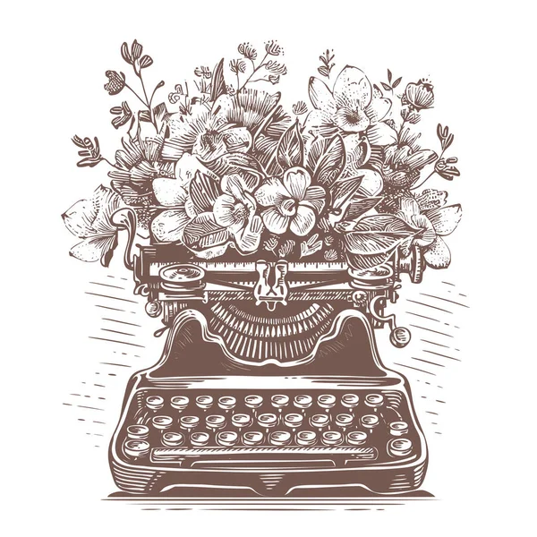 Retro typewriter machine with flowers. Floral vintage style clip art. Hand drawn sketch illustration