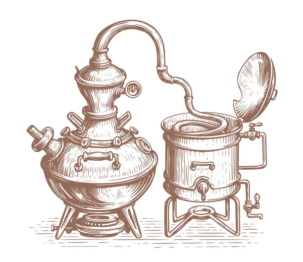Distillation Apparatus Sketch Alcohol Ethanol Production Distillery Retro Alcohol Machine — Vector de stock