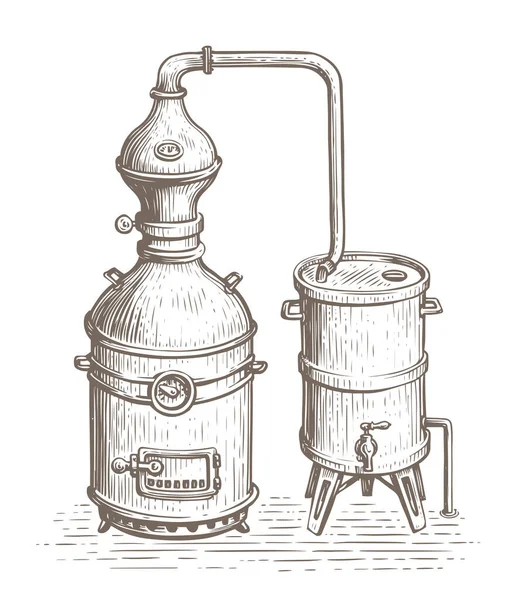 Alcohol Ethanol Production Distillery Vintage Distillation Apparatus Sketch Retro Alcohol — Vetor de Stock