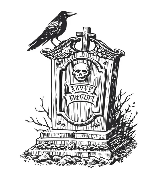Old Gravestone Raven Sketch Cemetery Tombstone Vintage Engraving Style Hand — Stock vektor