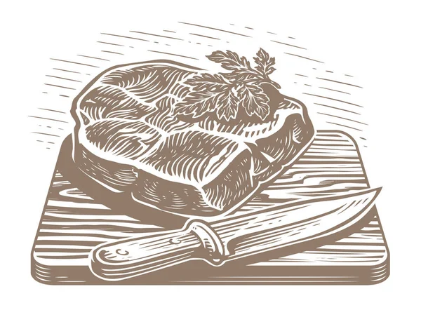Ręcznie Rysowany Krojony Stek Grilla Drewnianej Desce Nożem Ilustracja Menu — Wektor stockowy
