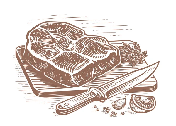 Hand Drawn Meat Steak Grilled Vintage Engraving Style Roast Beef — Archivo Imágenes Vectoriales