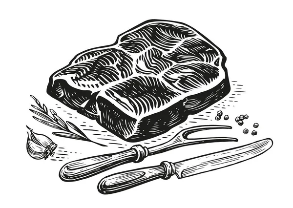 Bıçak Çatalla Izgara Biftek Biftek Barbekü Yemeği Hazırlığı Çizimi Vektör — Stok Vektör