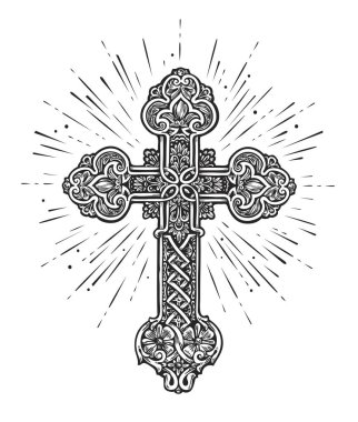Çapraz ve ışıl ışıl. İbadet, kilise, İncil, dua sembolü. Tanrı 'ya olan inanç çizimi