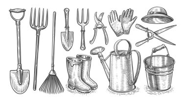 Garden equipment. Pitchfork, shovel, rake, watering can, bucket, gardening scissors, hat, boots, gloves. Tools set