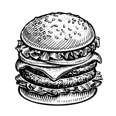 Lezzetli ve iştah açıcı hamburger çizburgeri. El çizimi burger çizimi