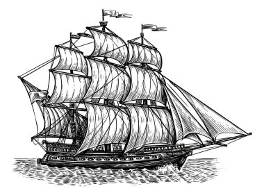 Retro ship sails on waves of sea. Sailboat sailing, side view. Vintage sketch engraved illustration