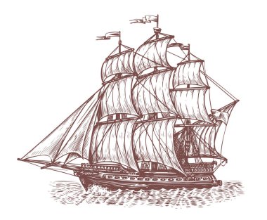 Retro ship sails on waves of sea. Sailboat sailing, side view. Vintage vector sketch engraved illustration