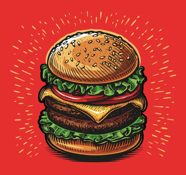 Big Burger Suculento Hambúrguer Retro Estilo Cômico Pop Art Ilustração — Vetor de Stock