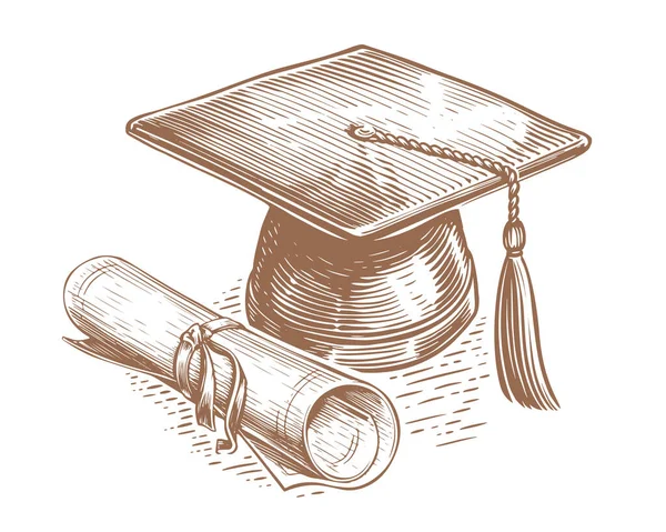 Graduation Cap Tassel Rolled Diploma Mortarboard Degree Sketch Vector Illustration — Stock Vector