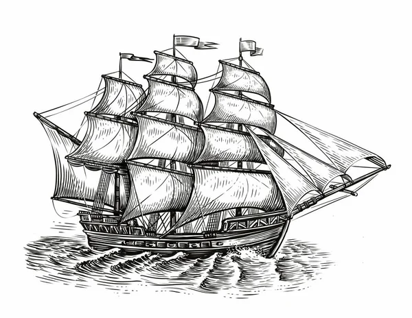 Sailing ship sketch. Marine concept. Vintage sailboat drawn in vintage engraving style