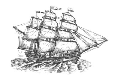 Vintage sailboat drawn in vintage engraving style. Sailing ship sketch. Marine concept. Vector illustration