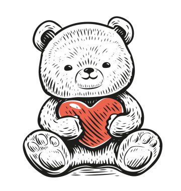 Funny cute toy teddy bear with red heart in paws. Cartoon vector illustration