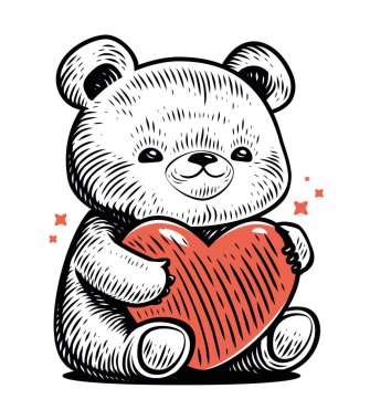 Hand drawn funny Teddy bear with love heart. Cute toy in sketch style. Retro vector illustration