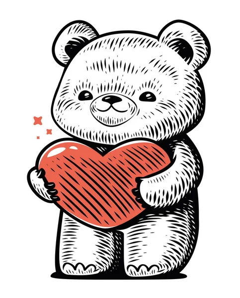Cute Teddy Bear Stands Holds Red Heart Its Paws Symbol — Vetor de Stock
