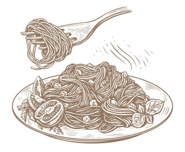 Pasta with olives and parsley, fork with just spaghetti around. Italian food sketch. Hand drawn vector illustration