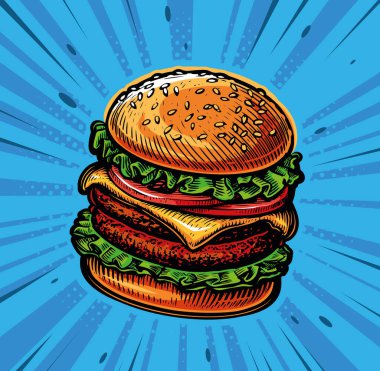 Big tasty cheeseburger in style retro pop art comic. Burger, Fast food restaurant. Vector illustration