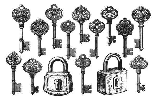 Key Lock Padlock Set Generative Sketch Vector Illustration —  Vetores de Stock