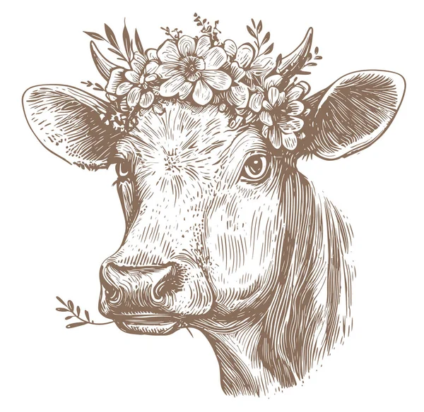 Cow Head Floral Wreath Farm Animal Sketch Generative Monochrome Vector — Stockvector