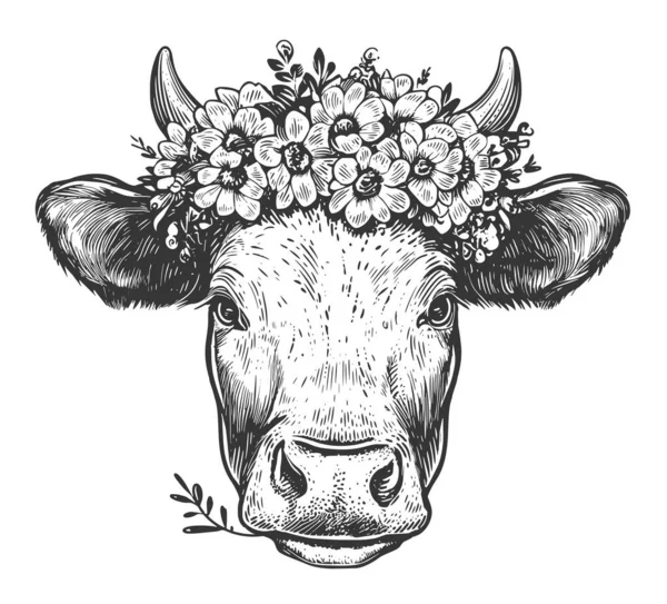 Dairy Cow Head Floral Wreath Farm Animal Sketch Milk Farm — Stockvector