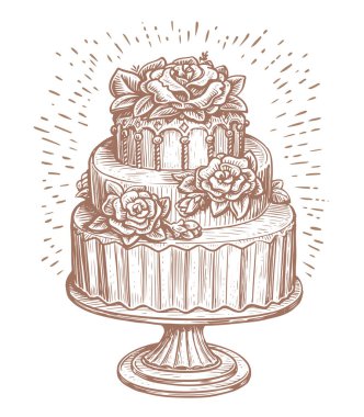 Wedding three-tiered cake decorated roses and flowers on wooden stand. Dessert, sweet food sketch. Vector illustration