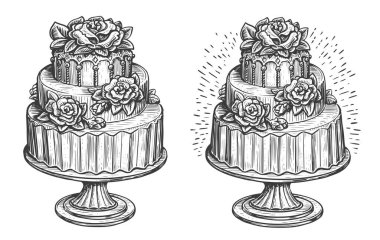 Wedding three-tiered cake decorated roses and flowers on wooden stand. Dessert, sweet food sketch illustration