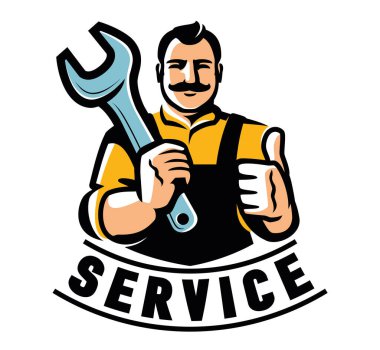Engineer with wrench. Worker technician mechanic builder logo. Workshop, service emblem. Vector illustration