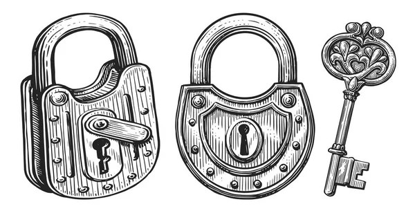 Key Lock Closed Padlock Set Hand Drawn Vintage Sketch Vector — Stock Vector