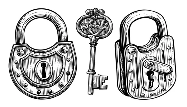 Vintage Key Keyhole Padlock Style Old Engraving Hand Drawn Sketch — 图库照片