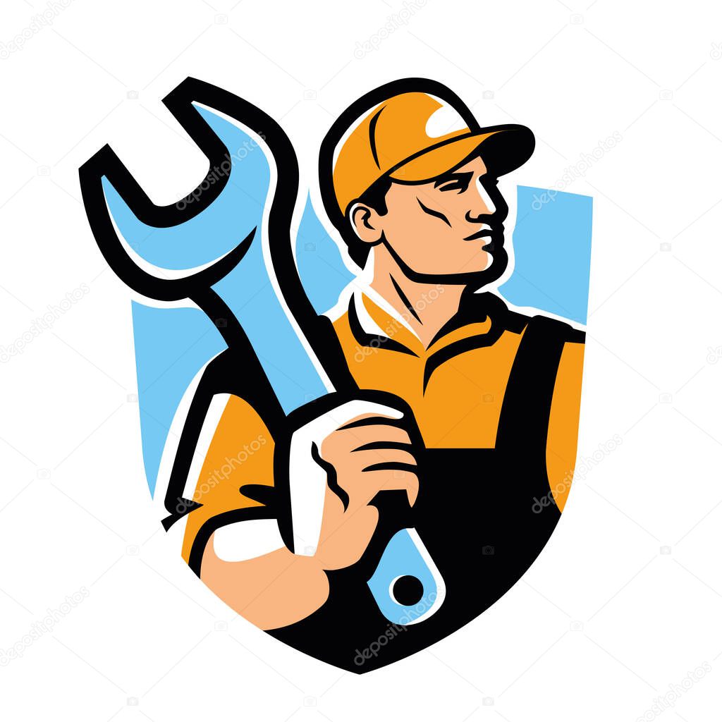 Construction worker, engineer emblem. Builder with wrench, workshop logo in retro style. Vector illustration