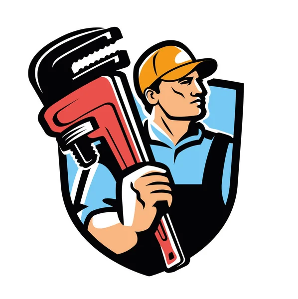 Trabalhador Serviço Construtor Com Chave Ajustável Oficina Emblema Construção Logotipo — Vetor de Stock