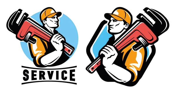 Emblème Service Technique Logo Atelier Plombier Avec Clé Plomberie Construction — Image vectorielle