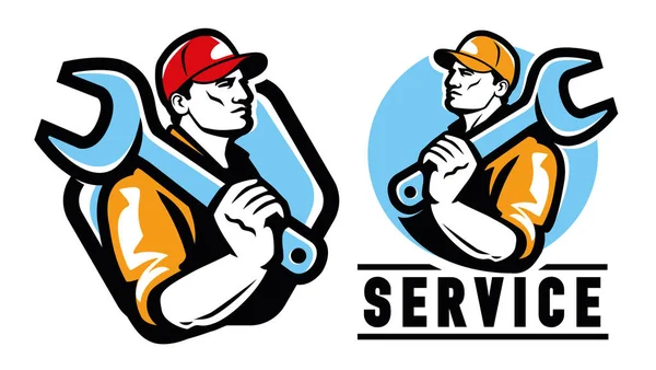 Construction Worker Engineer Emblem Builder Wrench Workshop Logo Vector Illustration — Stock Vector