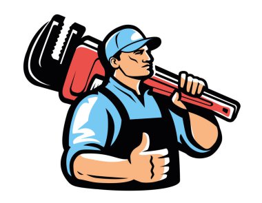 Teknik servis amblemi. Tesisat anahtarı logosu olan bir tesisatçı. İnşaat, atölye, iş vektörü çizimi