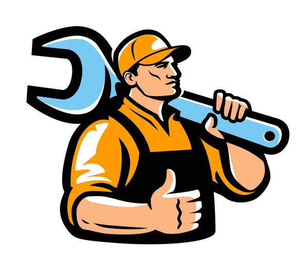 Trabalhador Construção Civil Engenheiro Ilustração Emblema Construtor Com Chave Técnico — Fotografia de Stock