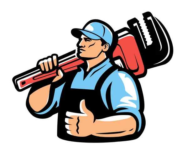 Technical service emblem, workshop logo. Plumber with plumbing wrench. Construction, repair work illustration