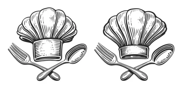 Cuocere Cappello Con Forchetta Cucchiaio Emblema Distintivo Dello Chef Menu — Vettoriale Stock