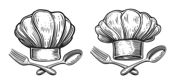 スプーンで帽子をシェフとフォーク レストランやダイナーメニューのためにエンブレムやバッジを調理します 料理のシンボルベクトルイラスト — ストックベクタ
