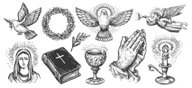 Faith in God, concept. Hand drawn Bible symbols collection in vintage engraving style. Sketch illustration clipart