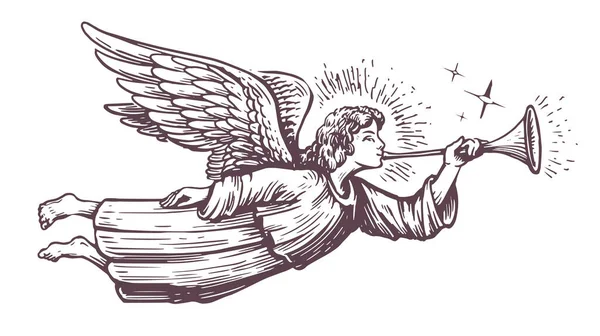 Рождественский Ангел Летит Трубит Трубе Праздник Религии Ручная Рисованная Векторная — стоковый вектор